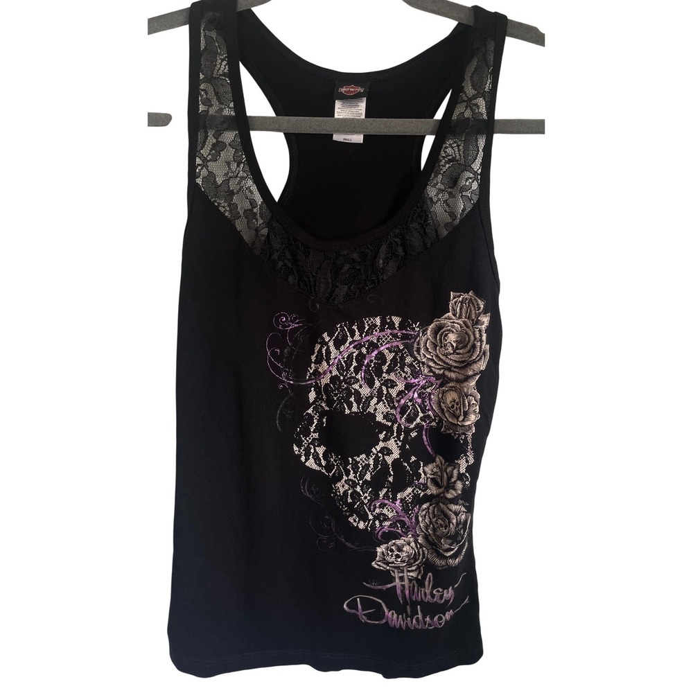Harley-Davidson Womens Black Lace Skull Rose Tank Top Big Moose Portland Maine S